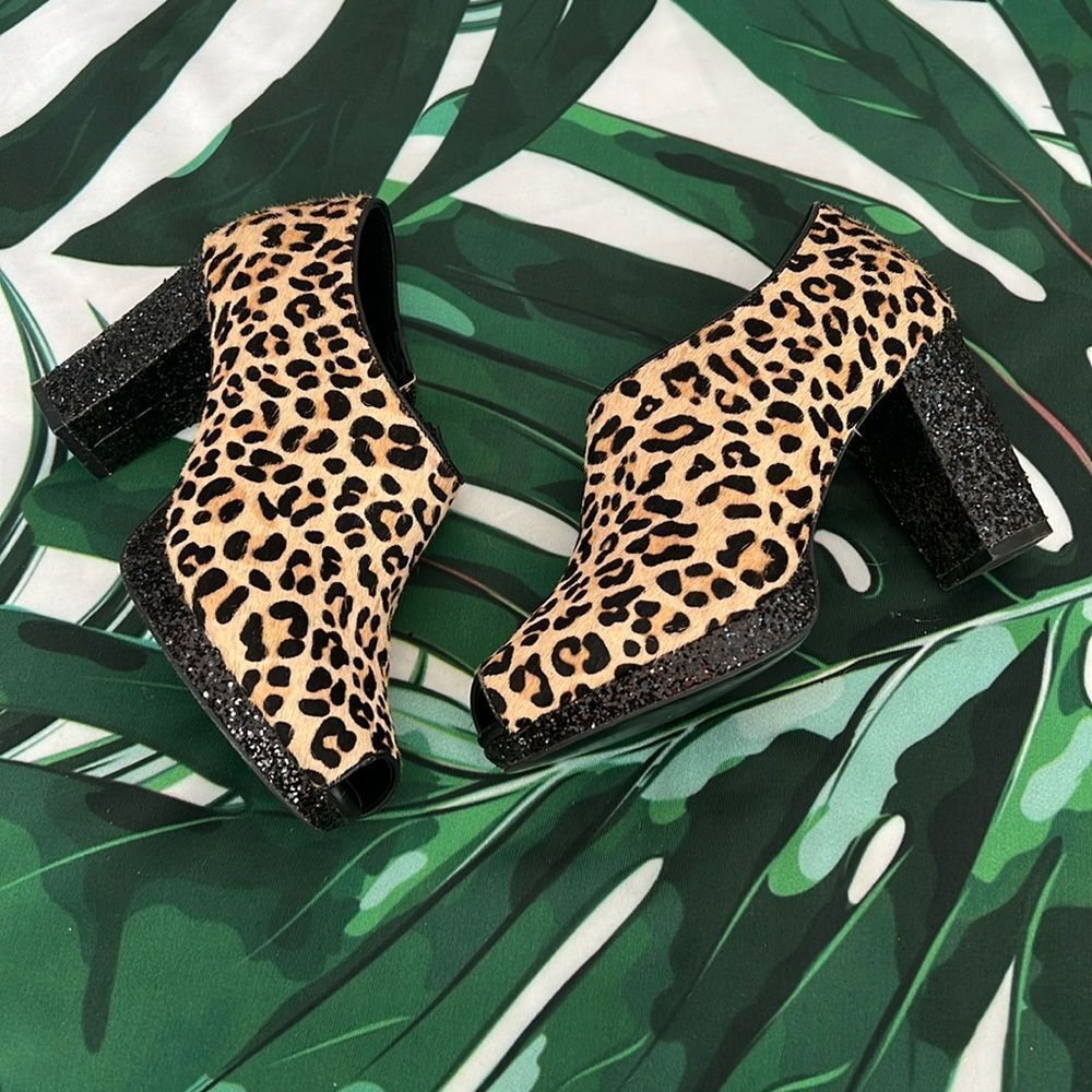 Shoes of Prey brown and black animal print booties with sparkle heels